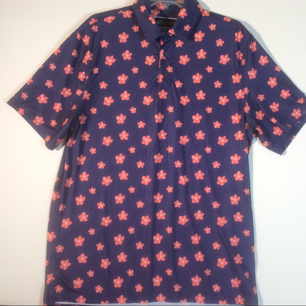 Etonic Sz L Large Purple Blue Polo Red Pink Flowers 3 Button Collar Golf Shirt